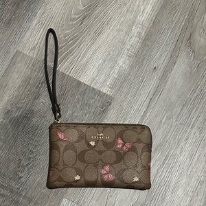 Coach Corner Zipper Brown Wristlet with Pink Butterfly